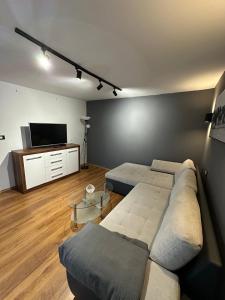 a living room with a couch and a flat screen tv at Apartments Marija in Rabac