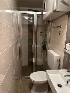 a bathroom with a shower and a toilet and a sink at Apartments Marija in Rabac +30 photos