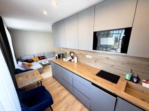 a kitchen with a counter and a couch in a room at ZB Apartment with Free Private Parking in Rēzekne +13 photos
