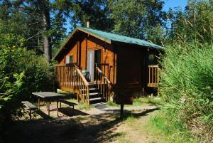 a cabin in the woods with a picnic table and a bench at La Conner Camping Resort Deluxe Cabin 5 in La Conner