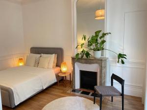 Schlafzimmer mit einem Bett, einem Kamin und einem Spiegel in der Unterkunft Magnific appartment near Arc de Triomphe in Paris