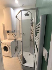 a shower in a bathroom with a washing machine at appartement proche de la Baie du Mont saint Michel in Saint-Jean-le-Thomas