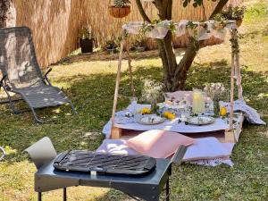 a picnic table with food on it in a yard at Apartman JV in Arandjelovac