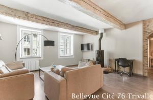 a living room with two couches and a table at Les Bellevue Cité Trivalle, Cité 500m, free private car park on demand, free public car park 200m, aircon, WIFI, Cité view terrace in Carcassonne