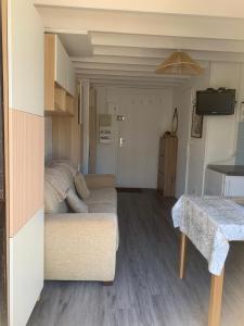 un salon avec un canapé et une table dans l'établissement Cottage cosy avec jardin, piscine et parking, à Cabourg 20 autres photos