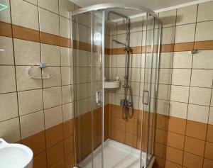 a bathroom with a shower and a sink at Roula's Suites in Andros +28 photos