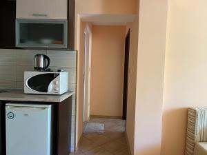 a microwave sitting on a counter in a kitchen at Hotel Silver in Sozopol