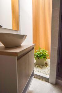 a bathroom with a sink and a potted plant at Hotel Fuente Real in Popayan