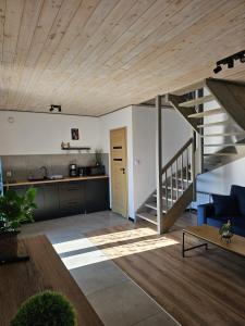 a kitchen and living room with a wooden ceiling at Zagajka SUN in Sarbinowo