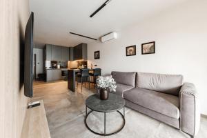 a living room with a couch and a table at PLATiNiUM RESiDENCE GARDEN SASKI - "CENTRUM" in Lublin
