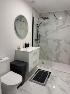 a bathroom with a toilet and a sink and a shower at Casa Carvalho in Peso da Régua +20 photos