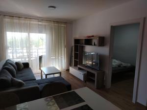 a living room with a couch and a flat screen tv at Apartment with pool in Veliko Gradište