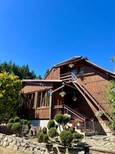 a large wooden house with stairs and plants in front at Хвиля Гір in Skole