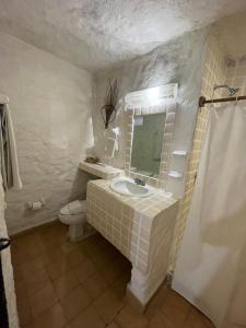 a bathroom with a sink and a mirror and a toilet at Villa Hotel Puerta del Mar in Ixtapa