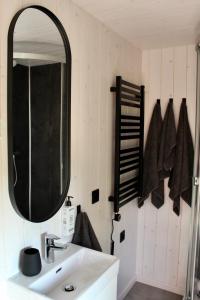 a bathroom with a sink and a mirror at Ausma - Peaceful Seaside Design Cabin in Engure