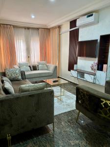 MamaPeridot Apartment Central Area, Abuja的有两张沙发和一台电视的客厅