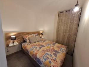 a bedroom with a bed and a shower curtain at Entre Terre et Mer, logement cosy in Poussan