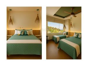 two pictures of a bedroom with two beds at Palmares, Casa de praia in Búzios