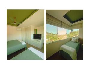 two pictures of a room with two beds and a window at Palmares, Casa de praia in Búzios