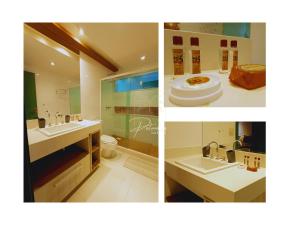 a collage of three pictures of a bathroom at Palmares, Casa de praia in Búzios