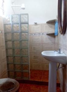 Casa Temporada no Rio de Janeiro في ريو دي جانيرو: حمام مع حوض غسيل أبيض ودش