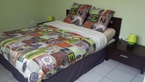 a bed with a colorful quilt and pillows on it at Appartement Village Le Liberty 1 Argelès Sur Mer 2km plage in Argelès-sur-Mer