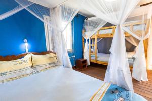 - une chambre avec 2 lits superposés et des murs bleus dans l'établissement Studio Familial (AMI Appart-Hotel) - Taolagnaro, à Fort-Dauphin