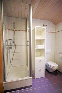 a bathroom with a shower and a toilet at Ferienhof Bühler in Schramberg