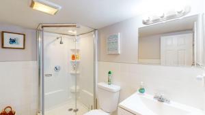 a bathroom with a shower and a toilet and a sink at Near Public Transport, Fenway, Bu, Longwood Med in Brookline