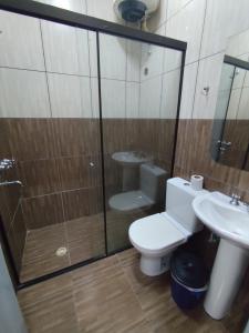 e bagno con servizi igienici, doccia e lavandino. di CEDE Inn Hotel a Encarnación