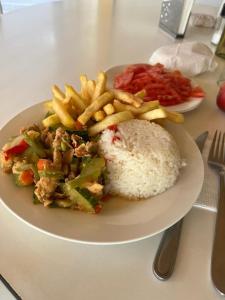a plate of food with rice and french fries at El secreto de la abuela spa in Talca +18 photos