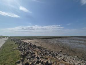 un grande gruppo di rocce su una spiaggia di Ferienhaus Strandperle Simonsberg Husum Nordsee Meer a Simonsberg