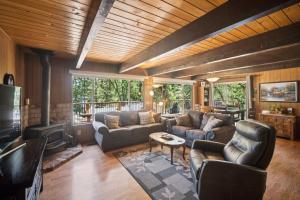 グローブランドにあるLakefront Cozy Cabin on the Coveのソファと暖炉のあるリビングルーム