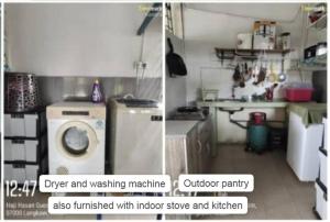 two pictures of a kitchen with a washing machine at Super Fully Furnished House next to airport - peaceful, leisure and quite in Langkawi Intl +23 photos