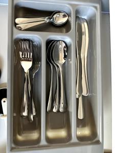 ein Tablett mit Gabeln, Löffeln und Besteck in der Unterkunft Modern Ground floor 2 Bed Room Apartment Work Leisure Free Parking in Woking