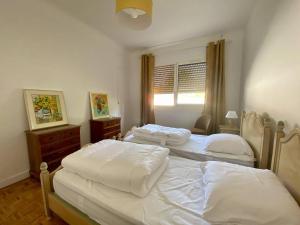 ein Schlafzimmer mit zwei Einzelbetten und einem Fenster in der Unterkunft Maison rénovée à Cambo, 2 ch, jardin, parking, WiFi - FR-1-495-154 in Cambo-les-Bains