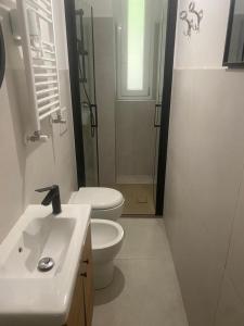 ein Badezimmer mit Toilette, Waschbecken und Dusche in der Unterkunft Viale 76 in Triest