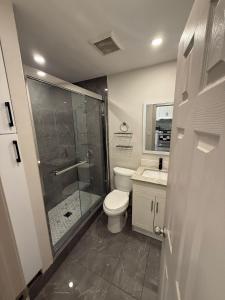 a bathroom with a shower and a toilet and a sink at King-Queen Walk-in Residence - Walk to CN TOWER,SUBWAY,CONCERTS,PUBS,PARKING in Toronto
