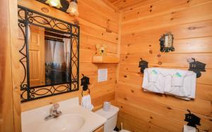 a bathroom with a sink and a toilet and a mirror at Bearfoot Memories - Large Game Room, Outdoor Hot Tub + Community Pool Access in Henderson Springs +27 photos