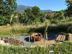 a garden with a wooden bridge in a field at Casa Aluna Duo in Bran