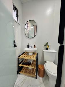 une salle de bain avec un lavabo, des toilettes et un miroir dans l'établissement Hospedagem Morro do Buda Container, à Planalto