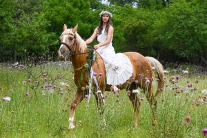 a woman in a dress riding a horse in a field at Pansion Tramontana Eco Stay & Sea View in Beli, Cres in Beli