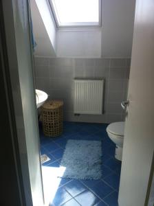 a bathroom with a toilet and a sink and a window at Andro studio apartment in Ljubljana