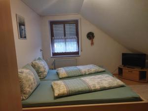 two twin beds in a room with a window at Ferienwohnung Maria Bauer in Kelheim