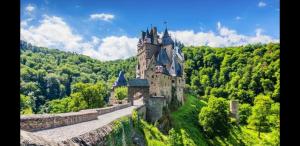 ein altes Schloss auf einem Hügel im Wald in der Unterkunft Ferienwohnung Moselliebe in Lehmen