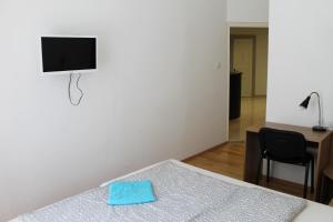 Pokój z łóżkiem i telewizorem na ścianie w obiekcie Capital Guesthouse Budapest w Budapeszcie