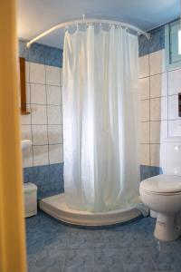 a bathroom with a shower curtain and a toilet at Castro Nido in Astypalaia Town +49 photos
