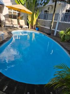 a large blue pool with chairs and an umbrella at sea view in Pereybere +2 photos