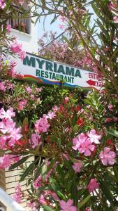 a sign for myulum restaurant with pink flowers at Myriama Apartments in Ayia Napa