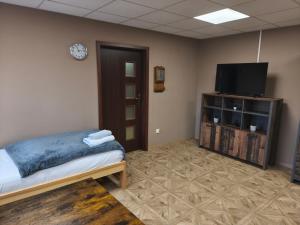 a room with a bed and a flat screen tv at Przystań in Stalowa Wola